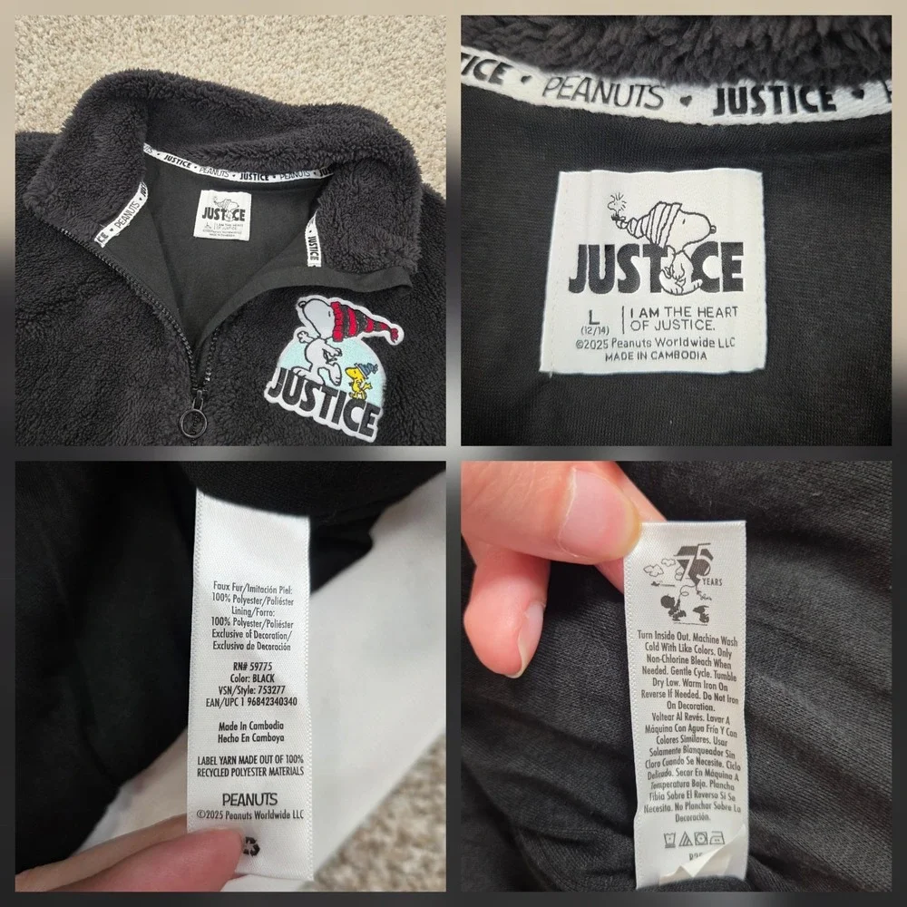 NEW Justice x Snoopy Girls Sherpa Jacket Black Full Zip Faux Fur (L 12/14)